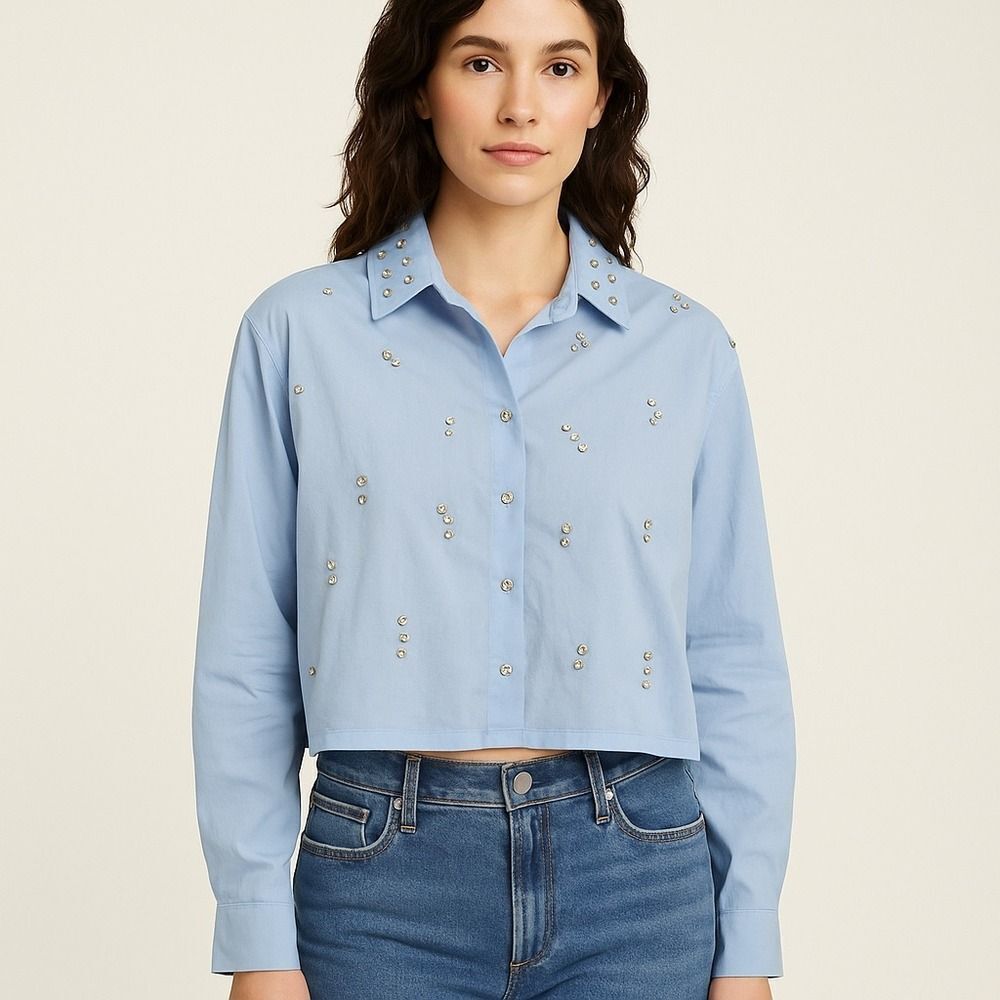 Stem & Vine Light Blue Cropped Button Down Shirt with Rhinestones Size Small